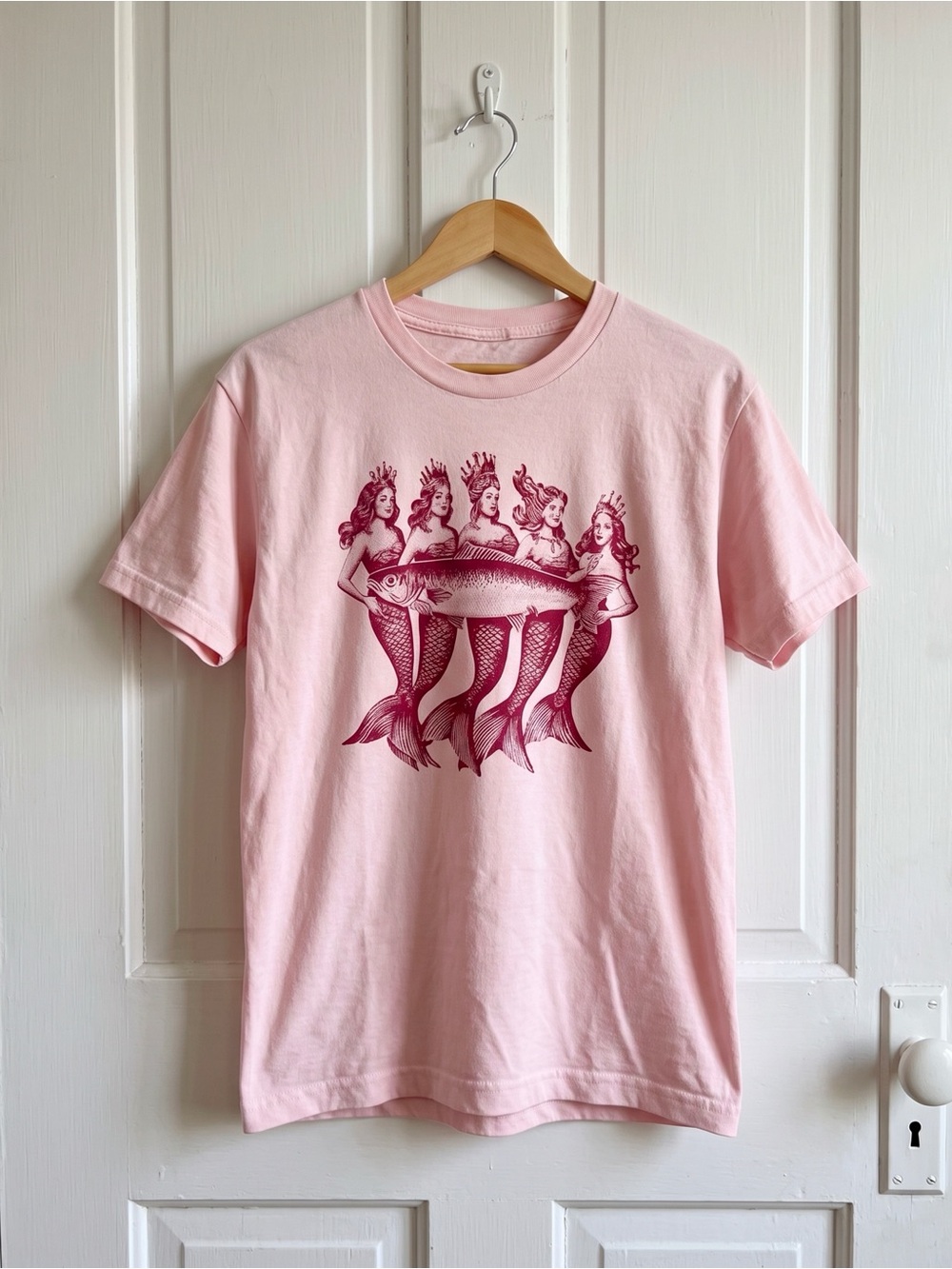 Gildan Pink Short Sleeve Tee with Maroon Mermaid Band Graphic